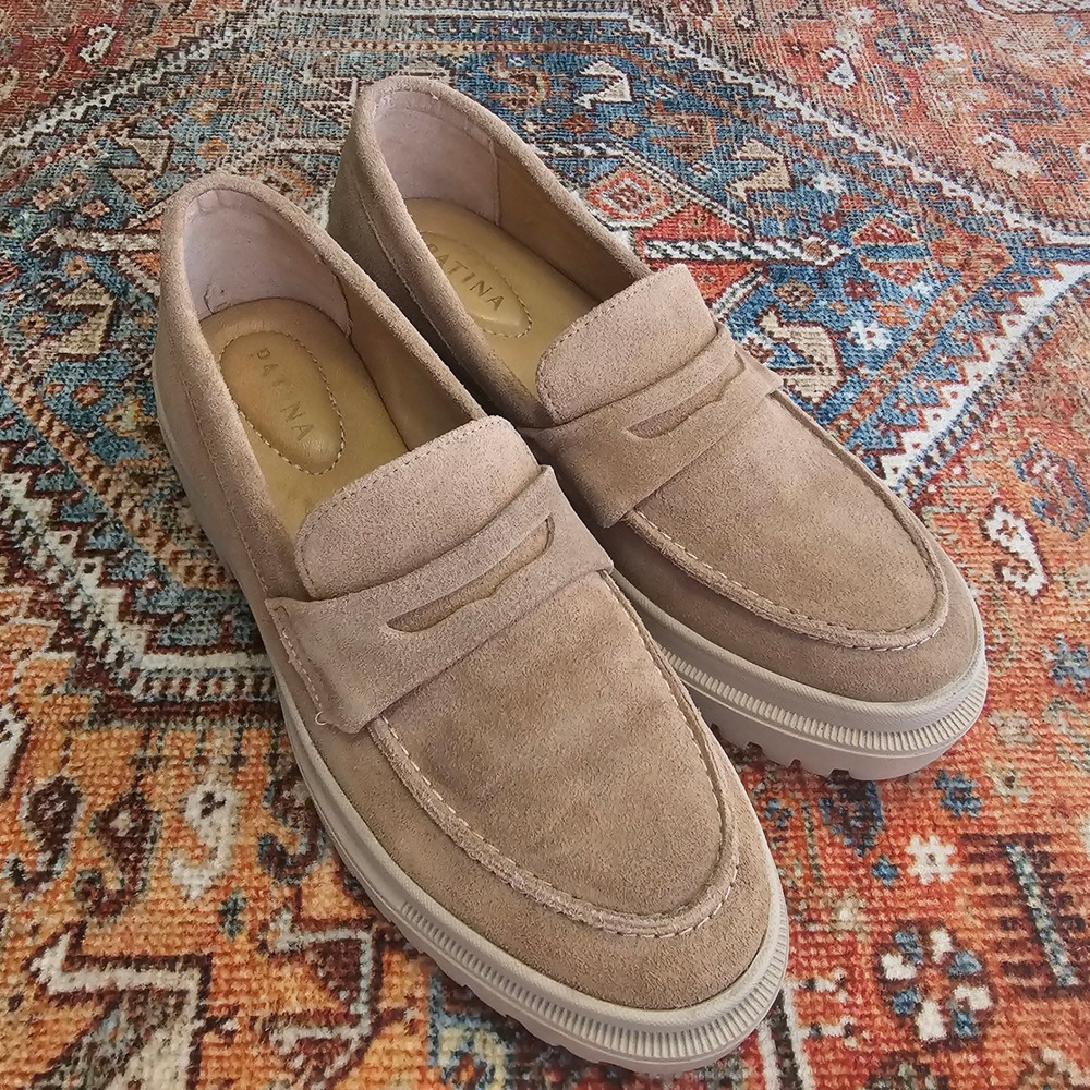 Patina Portland Leather Suede Lug Sole Penny Loafer 10 Tan Beige Academia Chunky
